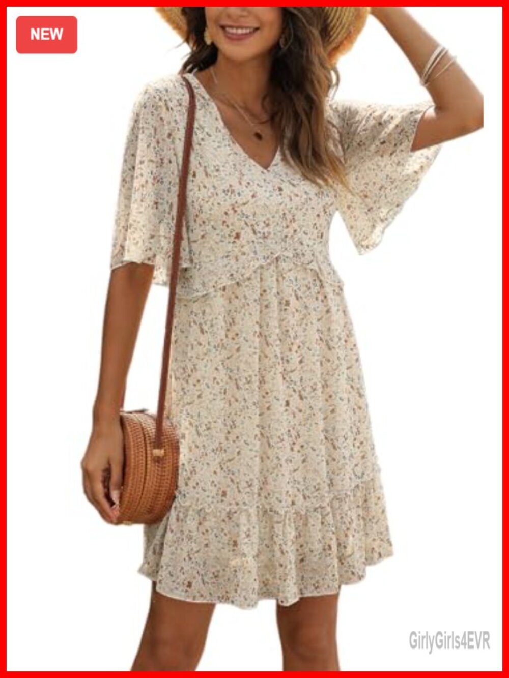 Chiffon Floral Boho Mini Summer Dress V Neck Ruffle